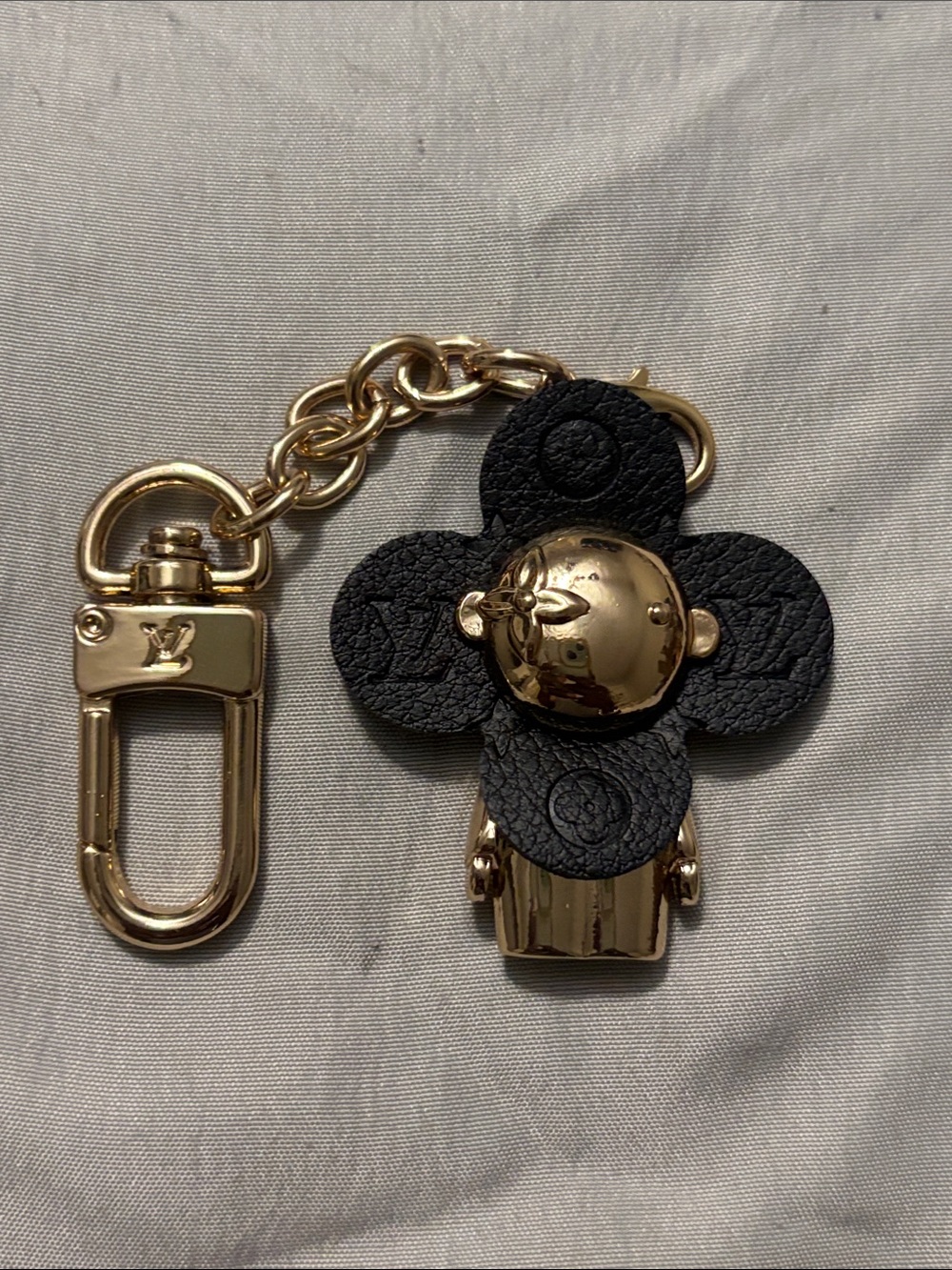 Louis Vuitton Black Leather Flower Gold-Tone Key Holder Charm